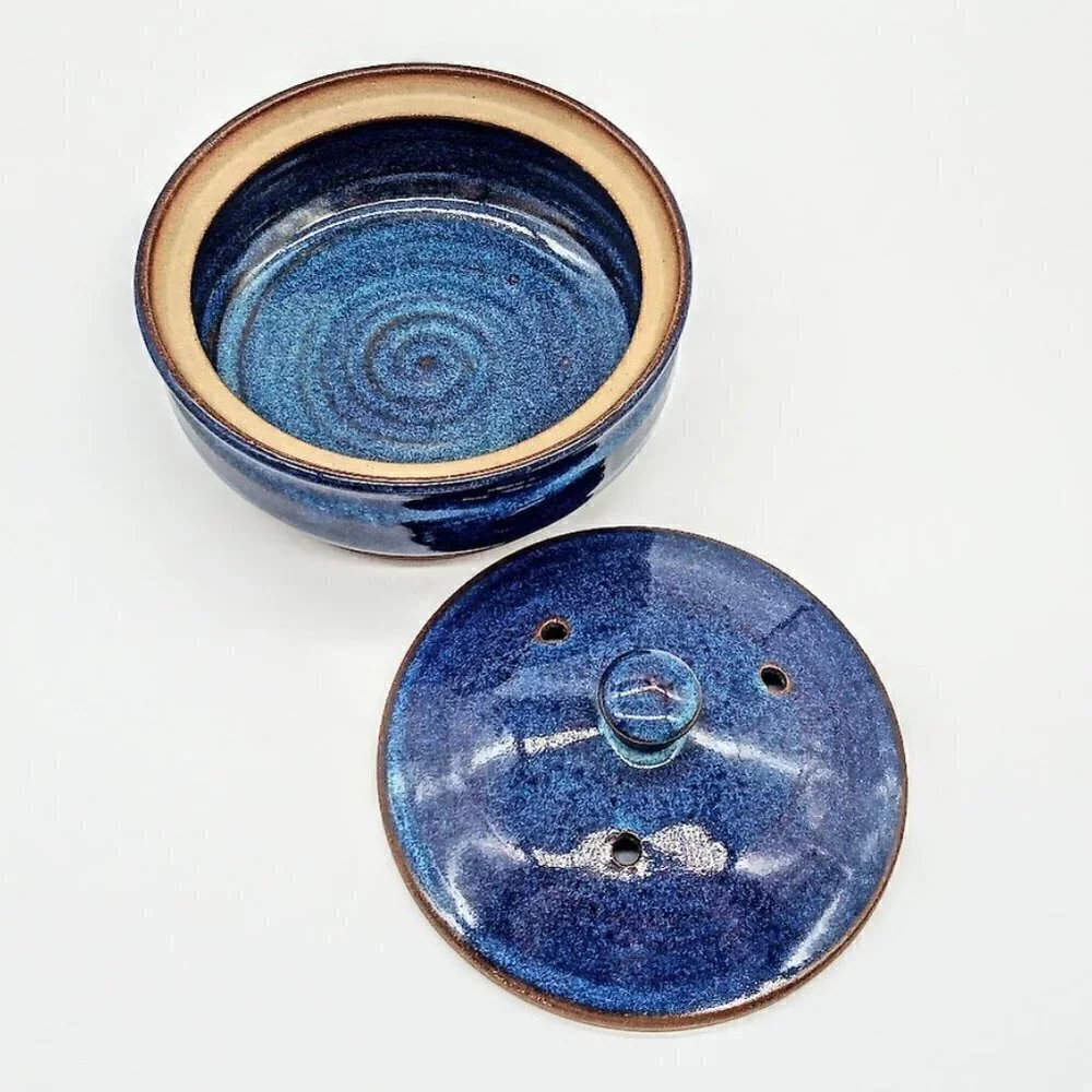 Blue Glazed Covered Ceramic Round Baker